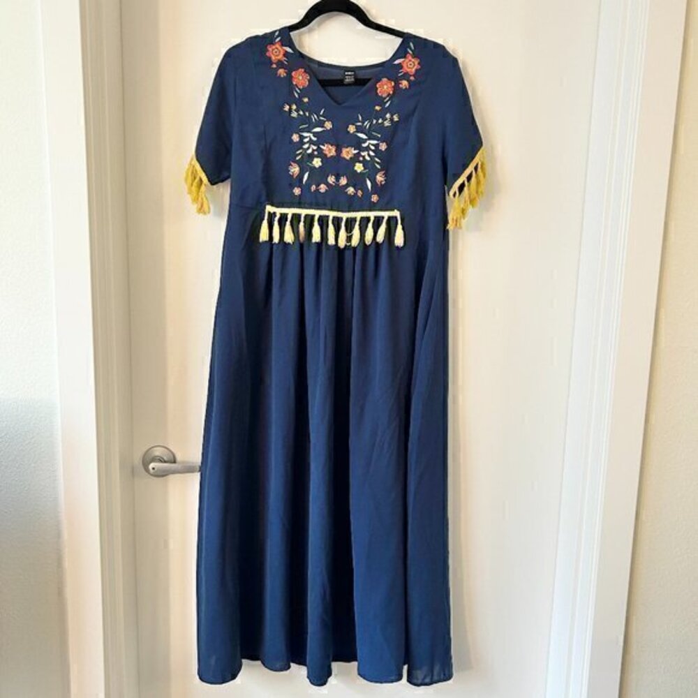 Shein Floral Embroidered Navy Blue Long Dress Size XL - Picture 1 of 7